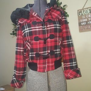 Merona Spunky, Red, white & black plaid pea coat sz M